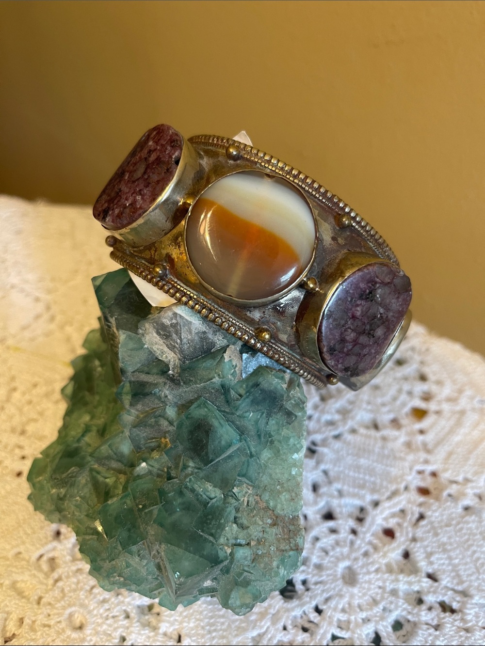 Handmade Silver Tone Agate and Purple Stone Cuff Bracelet - Brown and Purple